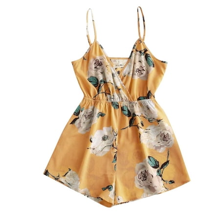 

Womens Rompers And Jumpsuits Fashion Loose Printed Sleeveless V-Neck Suspenders Overalls Yellow S