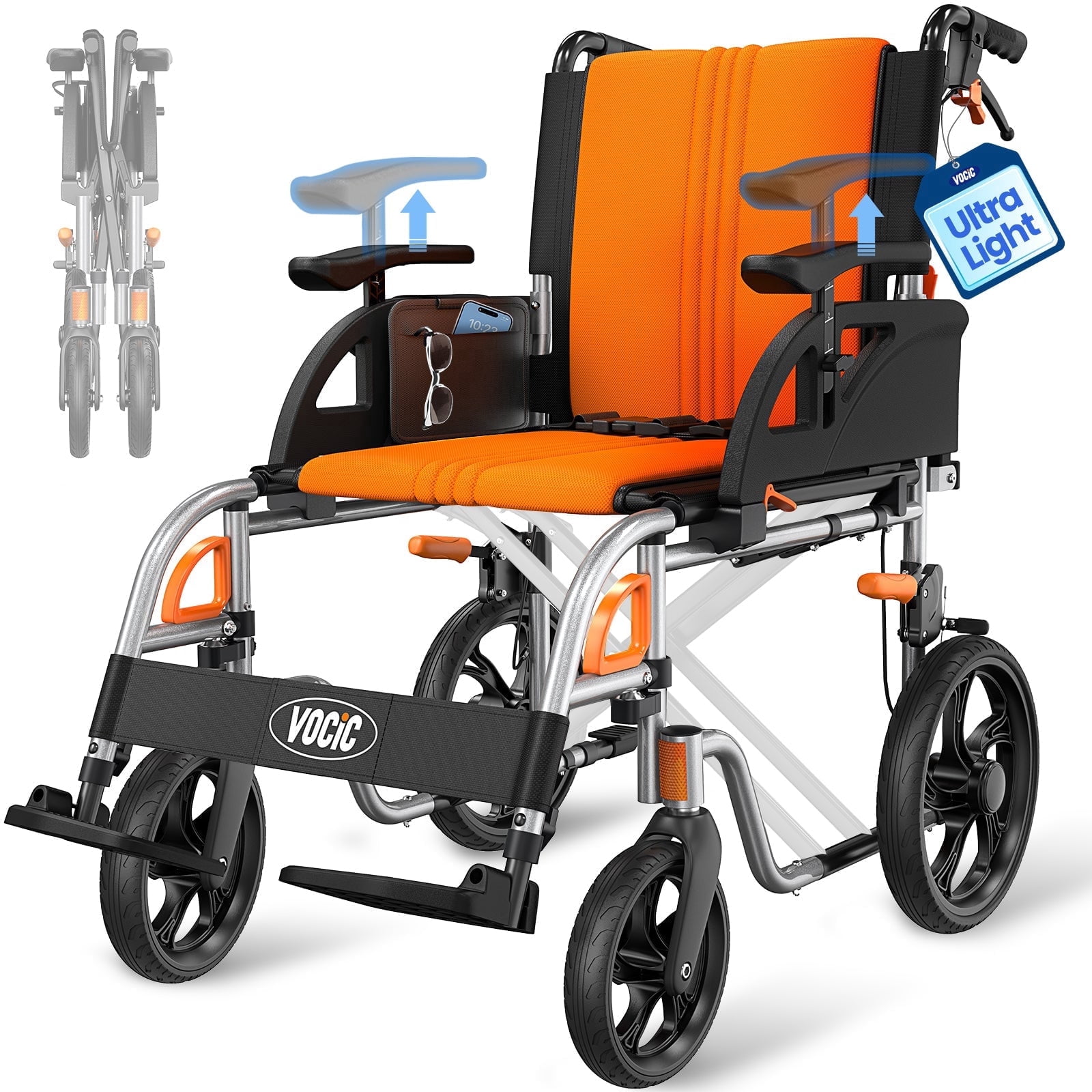 VOCIC Lightweight Foldable Transport Wheelchair with Handbrakes, Flip-Back Arms, 12-inch Rear Wheels, 300 lbs Capacity, Orange