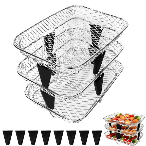 GWY Three Stackable Dehydrator Racks with spare clip and silicone feet, 7.4×5×1.7 Inch, Rectangle Double Air Fryer Accessories, Stainless Steel Air Fryer Accessories