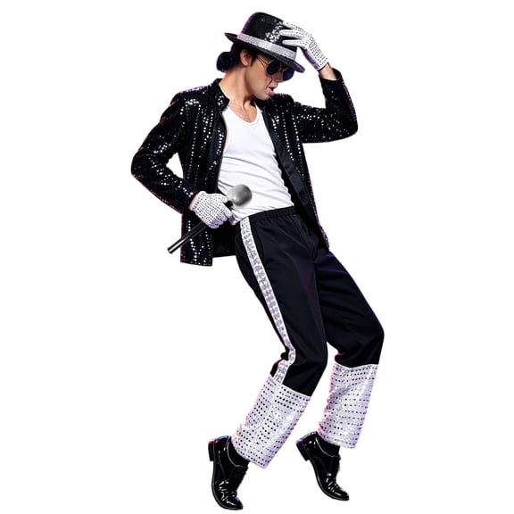 yoplnin 𝗖ostume Set | Black Sequin Jacket, Trousers, Hat & Gloves | 80s Retro Stage Outfit for Men and Women
