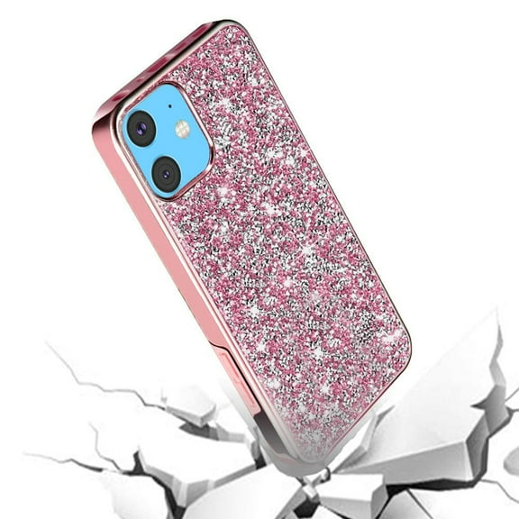 For Apple iPhone 12 Pro Max (6.7") Bling Rhinestone Diamond Shiny Glitter Hybrid Dual Layer Rugged Shell Hard PC TPU Rubber Cover ,Xpm Phone Case [Pink]