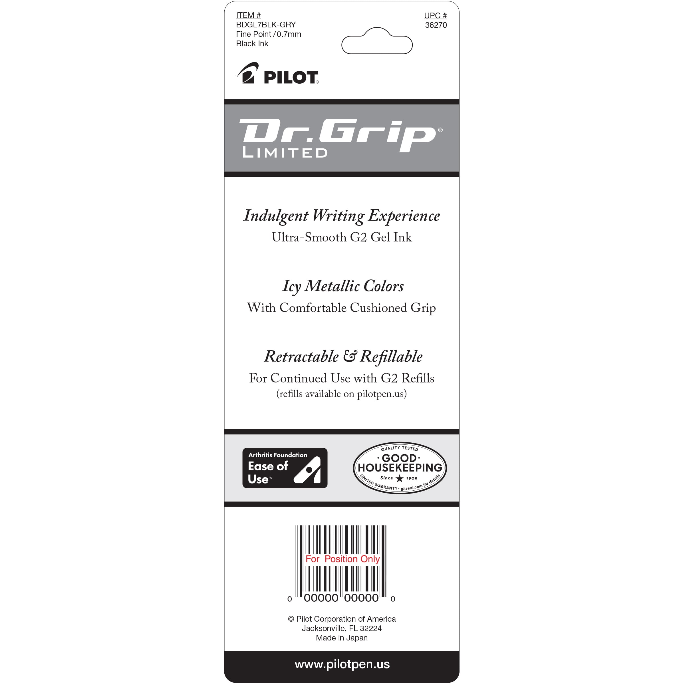 PILOT Dr. Grip Limited Retractable Gel Ink Pen, Fine Point, Gray Barrel,  Black Ink, 1 Pack - DroneUp Delivery