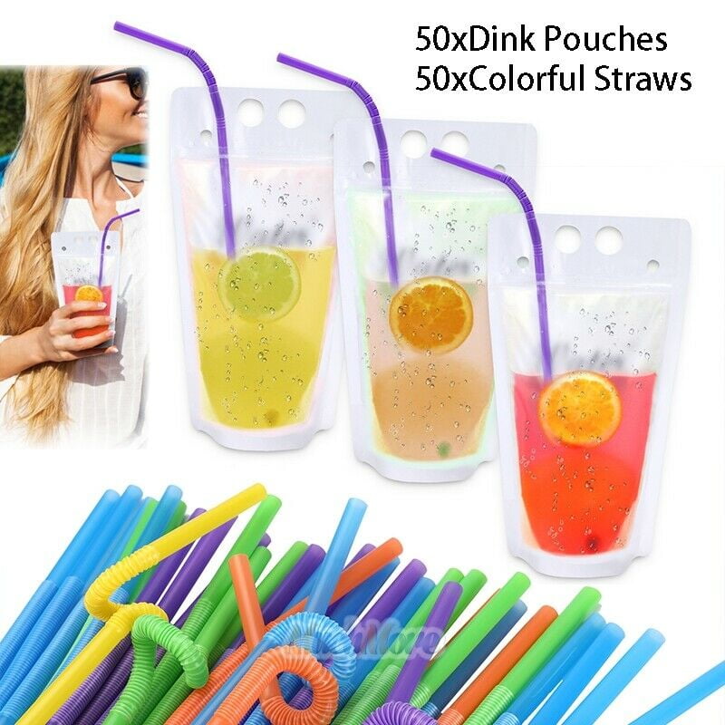 100pcs Disposable Beverage Squeeze Pouches Juice Pouches with Straws for Juice 