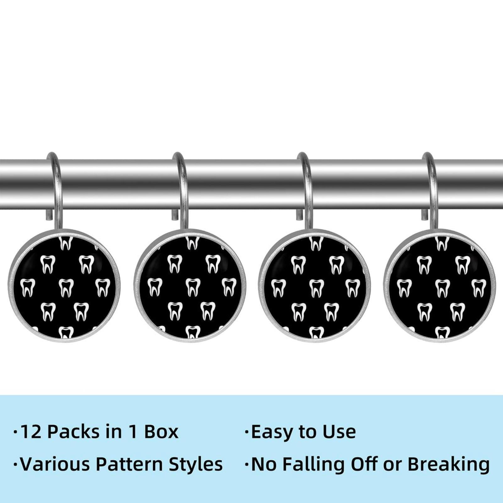 12pcs Decorative Shower Curtain Hooks, Rust Resistant Shower Rings for Bathroom Living Room,Rustproof Stainless Steel Rings for Shower Curtain and Liner Rods,Teeth Black