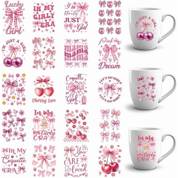 20 Pcs UV DTF Cup Wrap Transfer Stickers for 16OZ Glass Cups 1.6x2.2 Inch Pink Printing Rub on Wraps Cute Cherry Cartoon Waterproof Iron on Decals for Cups Furniture DIY Crafts diy