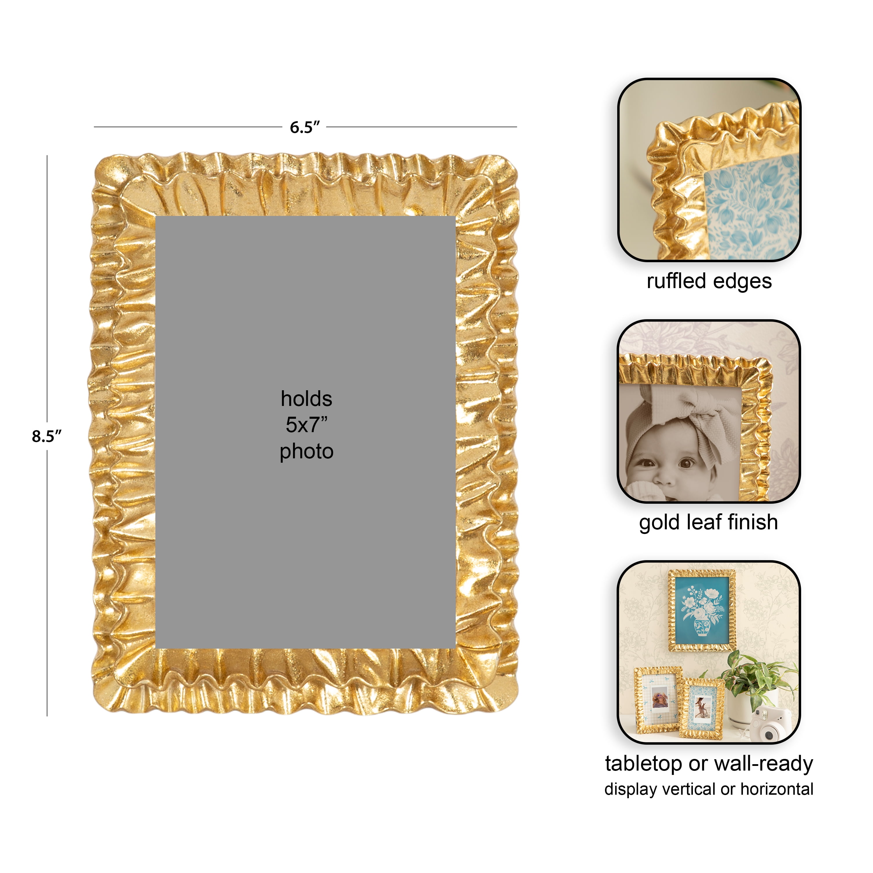 DesignOvation – 5x7 Picture Frame – Scalloped Gold Tabletop Photo Frame
