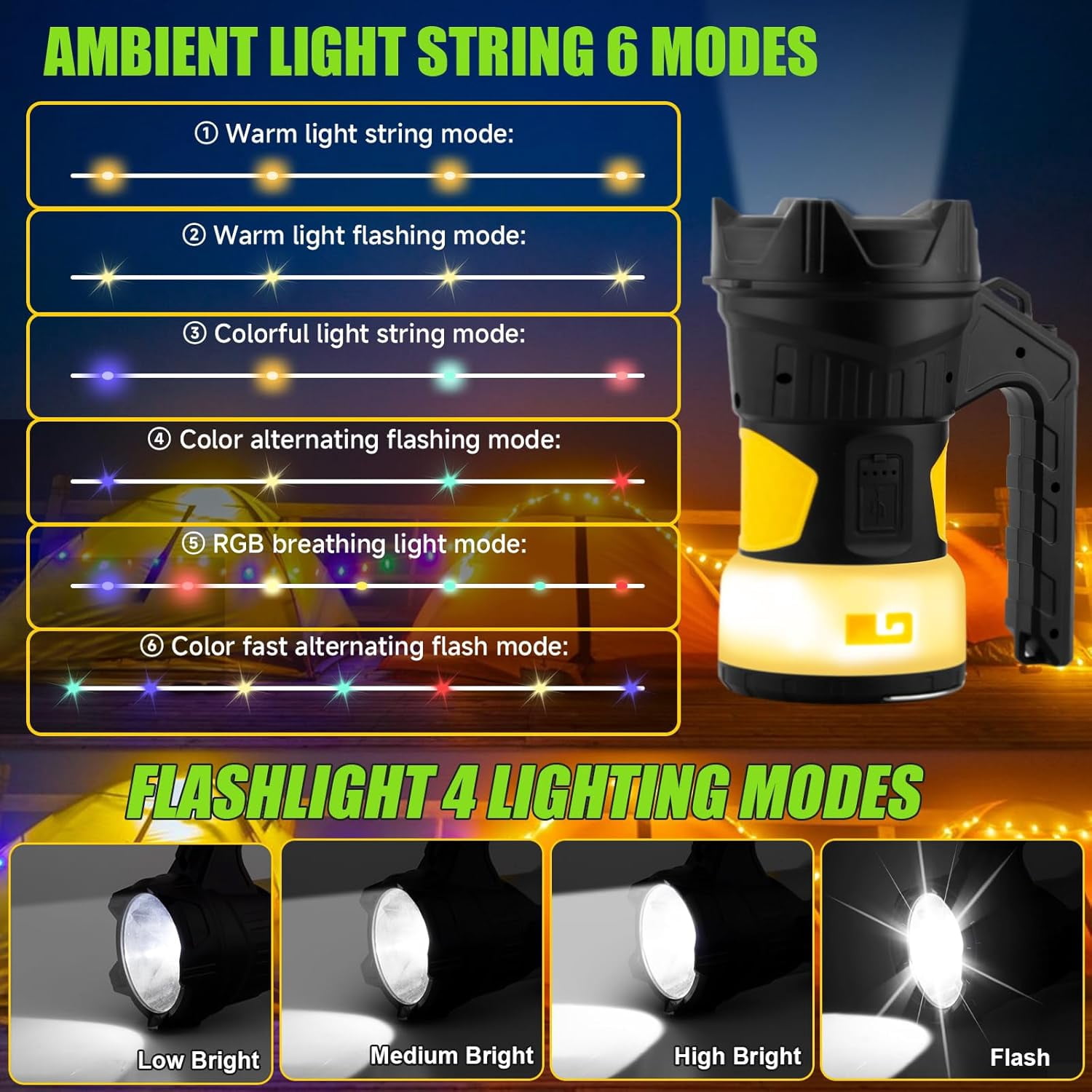 LED Camping Lantern Rechargeable, Camping Flashlight Spotlight 1200LM, 47.6FT Fairy Lights 6 Light Modes for Holiday Decoration, Emergency, Hiking, Power Outages, Camping Essentials