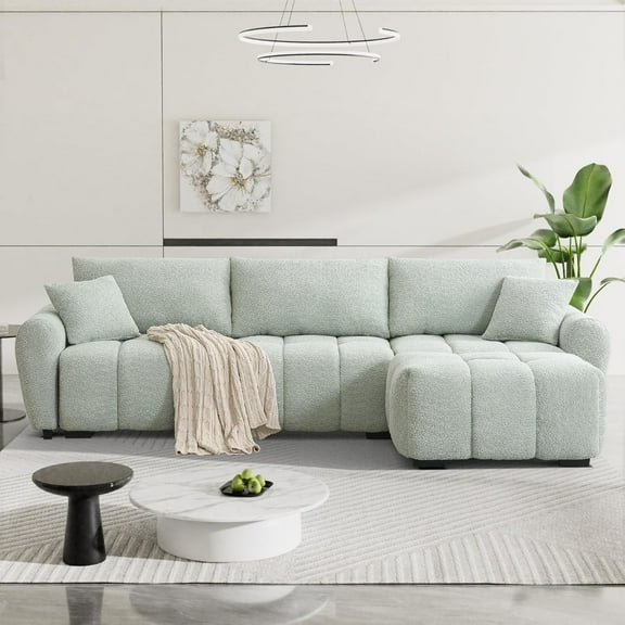 110" L Shaped Modern Boucle Sofa Modular Sectional Cloud Couch with Ottoman, Tufted 4-Seat Deep Seat Sofa with Pillows for Living Room, Bedroom and Apartment, Light Green