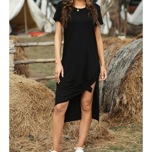 Women s Black Casual Short Sleeve T shirt Midi Dress with High
