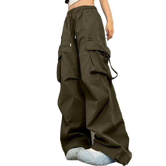CIENVNSTG Cargo Pants For Women Baggy Casual High Waisted Solid Color Drawstring Loose Fit Wide Leg Y2K Streetwear Soft Comfy Stylish Palazzo Bottoms Daily Daily Street Daily Outfit Wear Green L