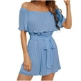 thumbnail image 2 of wycnly Jumpsuits for Women Dressy Fashion Pleated Hem Ruffle Layer off Shoulder Tie Waist Jumpsuits Overalls Summer Square Neck Short Sleeve Solid Short Formal Rompers Blue l, 2 of 4