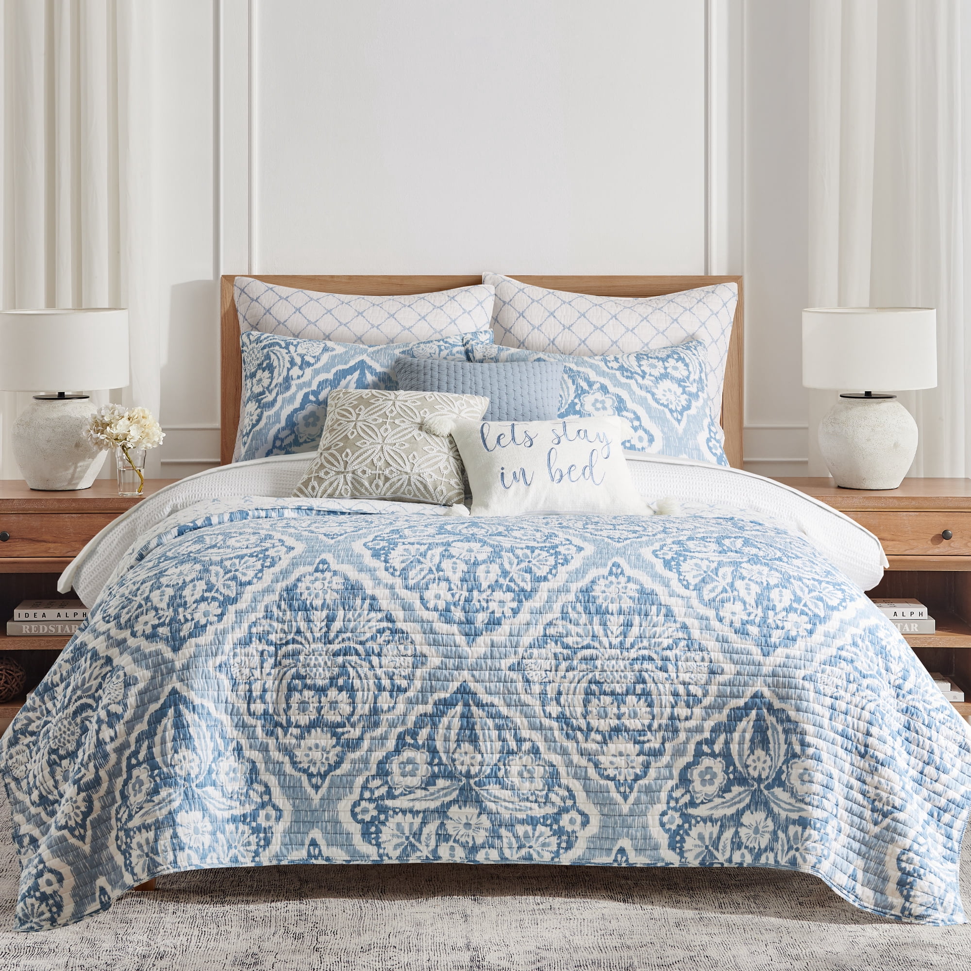 Levtex Home - Becker Blue Quilt Set - Full/Queen Quilt and Two Standard Shams - Ikat - Blue, White - Quilt (88x92in.) and Shams (20x26in.) - Reversible - Cotton