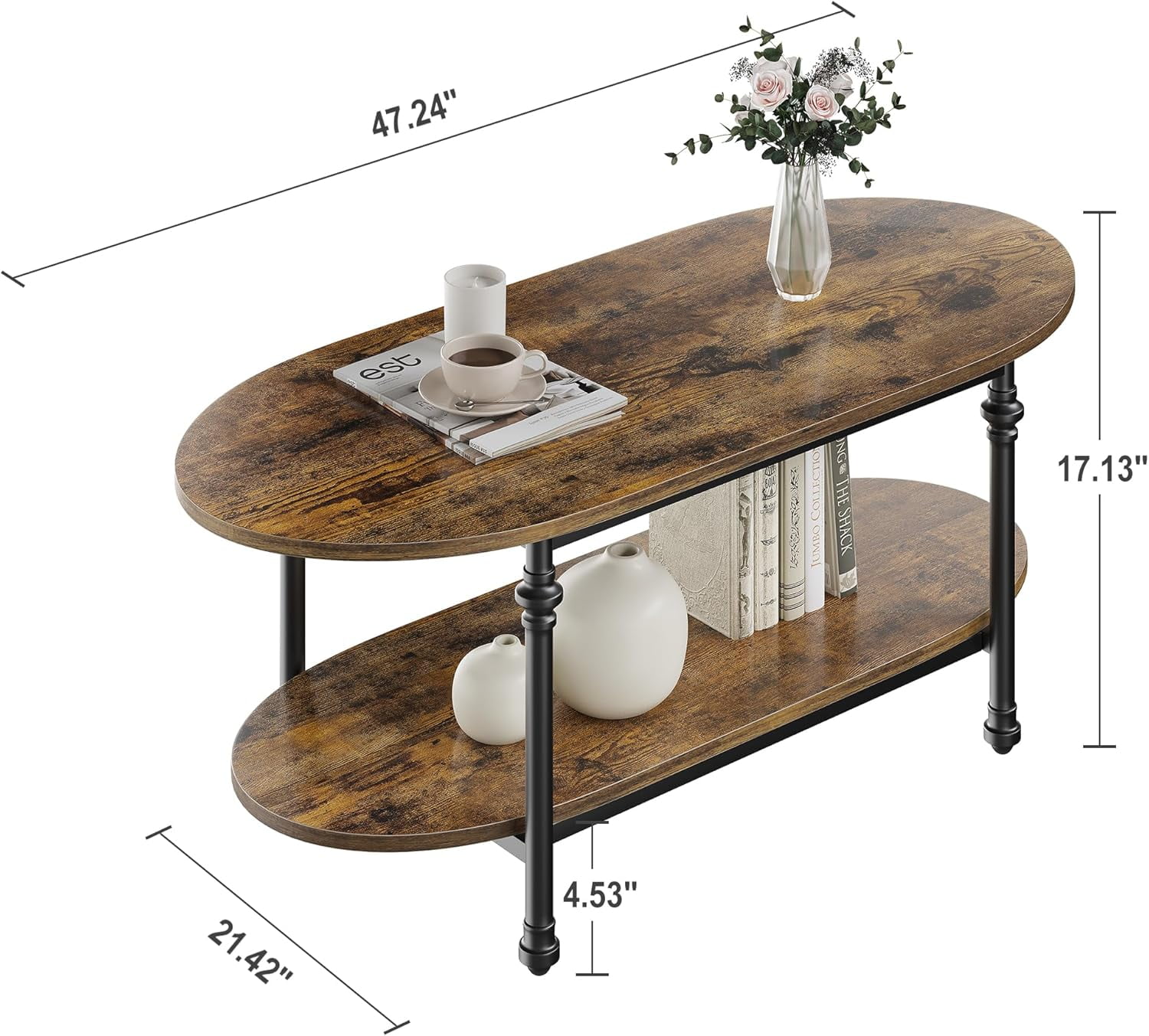 IdeaHouse Oval Coffee Brown Table Unique Tea Table 47.2" Cocktail Table Low Storage Coffee Table 2 Tier Vintage Center Table for Living Room Office Rustic Mid Century