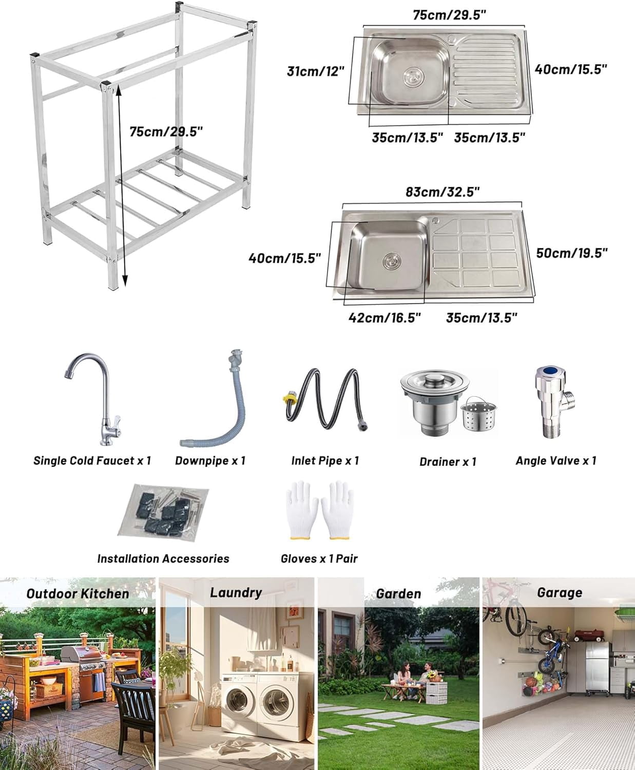 Free Standing Outdoor Sink, Stainless Steel Kitchen Utility Sink Station with Drainboard, Washing Hand Basin Tub Single Bowl Sink for Indoor Outdoor Patio Laundry Room Restaurant Workshop Garages