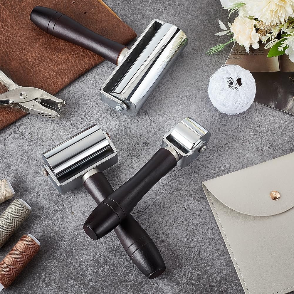 3 Pcs 3.9/2.4/1.1 Inch Leather Press Edge Roller Wooden Handle Leather Roller Leather Glue Laminating Roller Heavy Duty Leather Press Seam Roller Assortment Kit for Leather Craft DIY Silver DIY