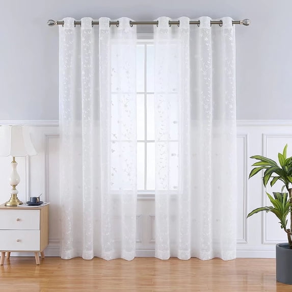 Haperlare 52" W x 63" L Semi Sheer Curtains Leaf Embroidered Grommet Voile Drapes for Living Room Bedroom Window Treatments, Taupe, 2 Panels