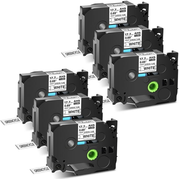 GREENCYCLE 6PK Compatible for Brother P-touch HSE-241 HS-241 HSe241 HS241 17.7mm 0.69" Black on White Heat-shrink Label Tape