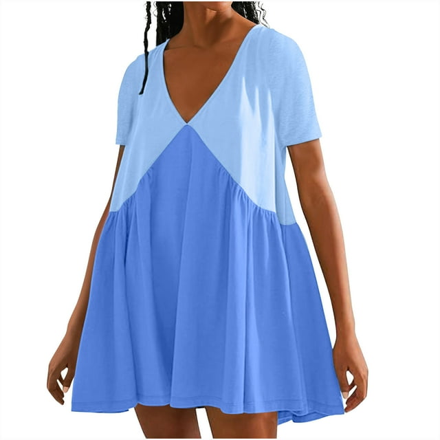 Robe à Col en V pour Femmes, Robe à Blocs de Couleur Longueur Genou, Robe Décontractée Sans Manches pour Femmes, Robe d'Été Résistante aux Plis