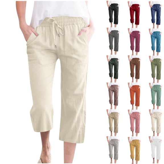 Cotton-Linen Pants for Women Solid-Color Cotton-linen Pant with Drawstring Pockets Loose and Comfortable for Home Leisure