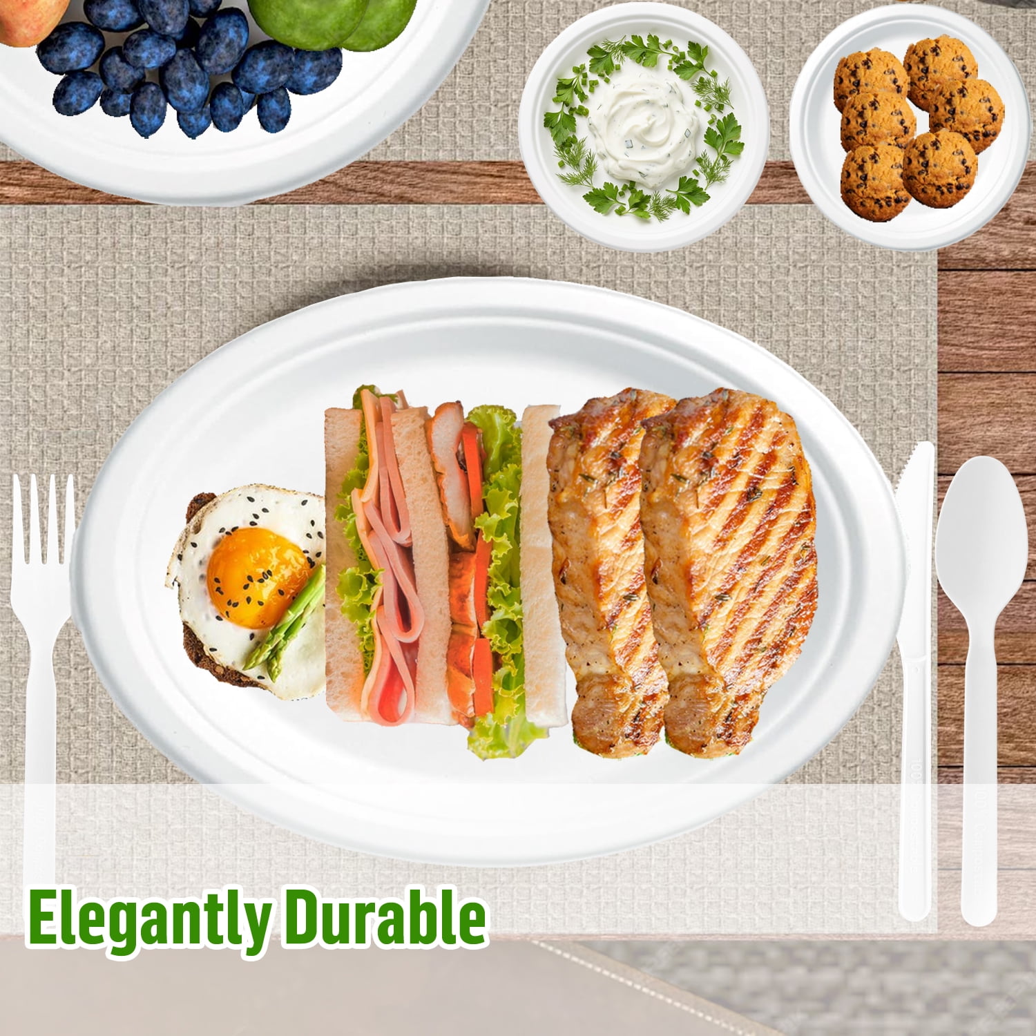 BEIDOU-PAC Compostable Heavy Duty Disposable Oval Paper Plates, 150 Count | 12.5 Inch | Natural Bagasse, Biodegradable Eco-Friendly Sugarcane BBQ, Party, Gathering, Picnic White Sugarcane Tray