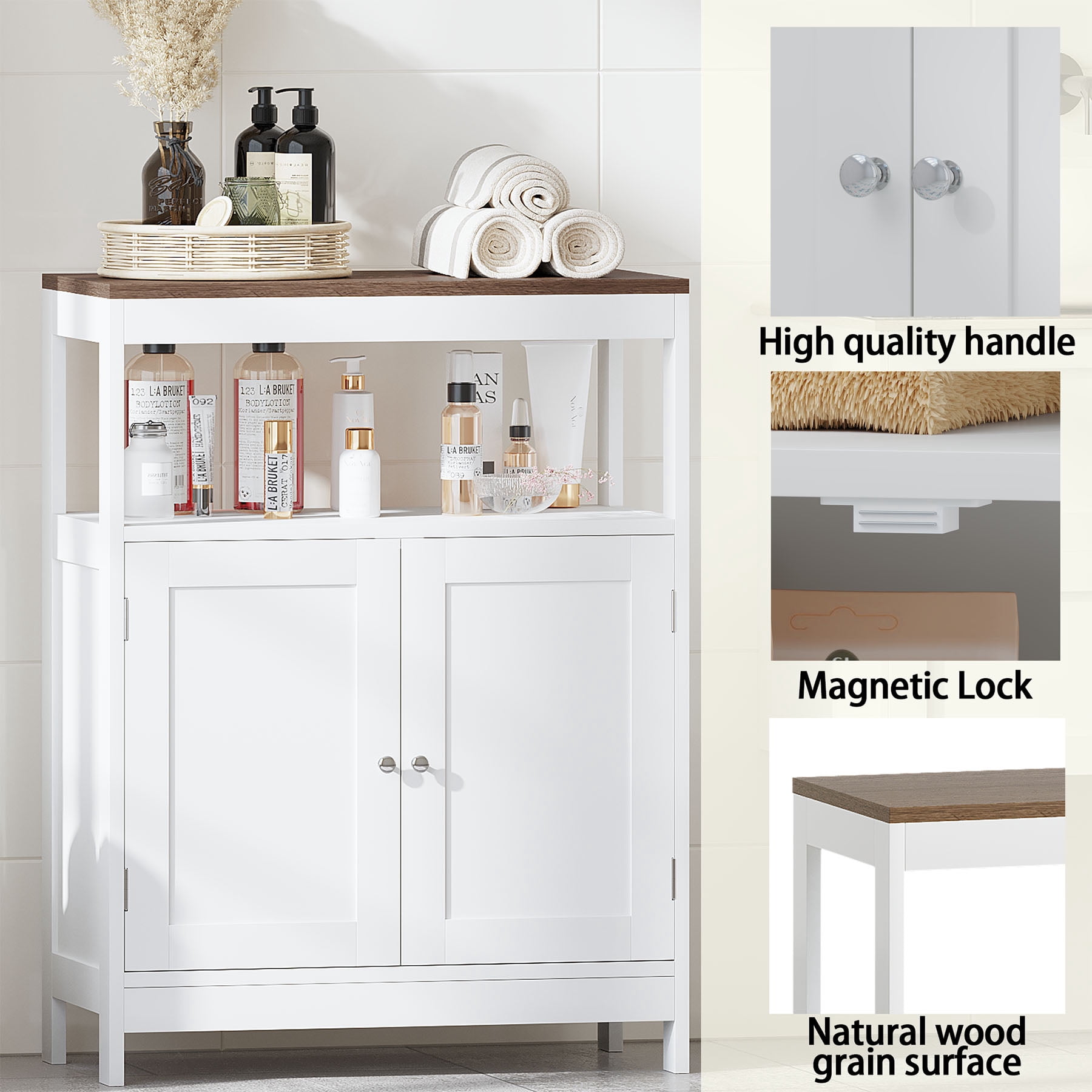 S-HOME Storage Cabinet with Double Doors in White, Free-Standing Design, Adjustable Shelf for Bathroom or Kitchen Use