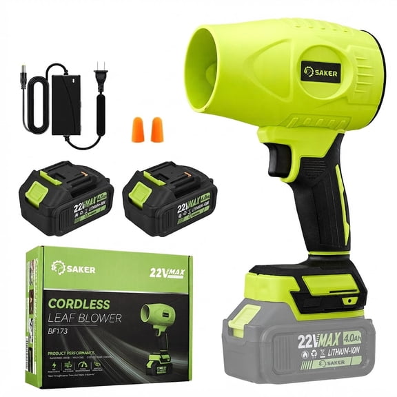 Saker Electric Cordless Leaf Blower with Adjustable Speed, Portable Handheld Leaf Blower with 2x 4.0Ah Batteries for Patio Cleaning, Lawn Care, Green