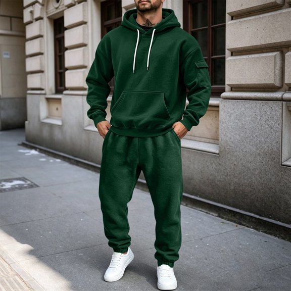 WIZUTIZ Men's Winter Set Solid Color Hooded Sweatshirt Long Sleeve Zippered Pocket Top Elastic Waist Cuffed Sweatpants Two-Piece Outfit Polyester for Outdoor Sports Daily Casual Mens Fashion