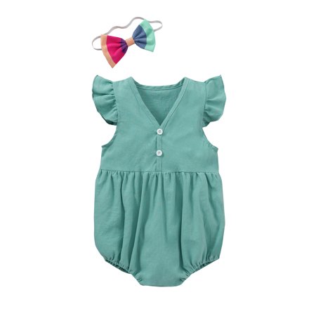 

One opening 2Pcs Baby Summer Outfit Solid Color V-Neck Romper + Hairband Suit