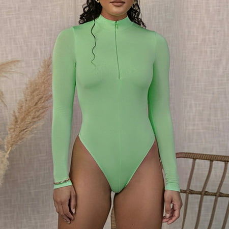 

cllios Women s Sexy Solid Zipper Long Sleeve Bodysuit Blouse Top Jumpsuit Rompers Club Outfits