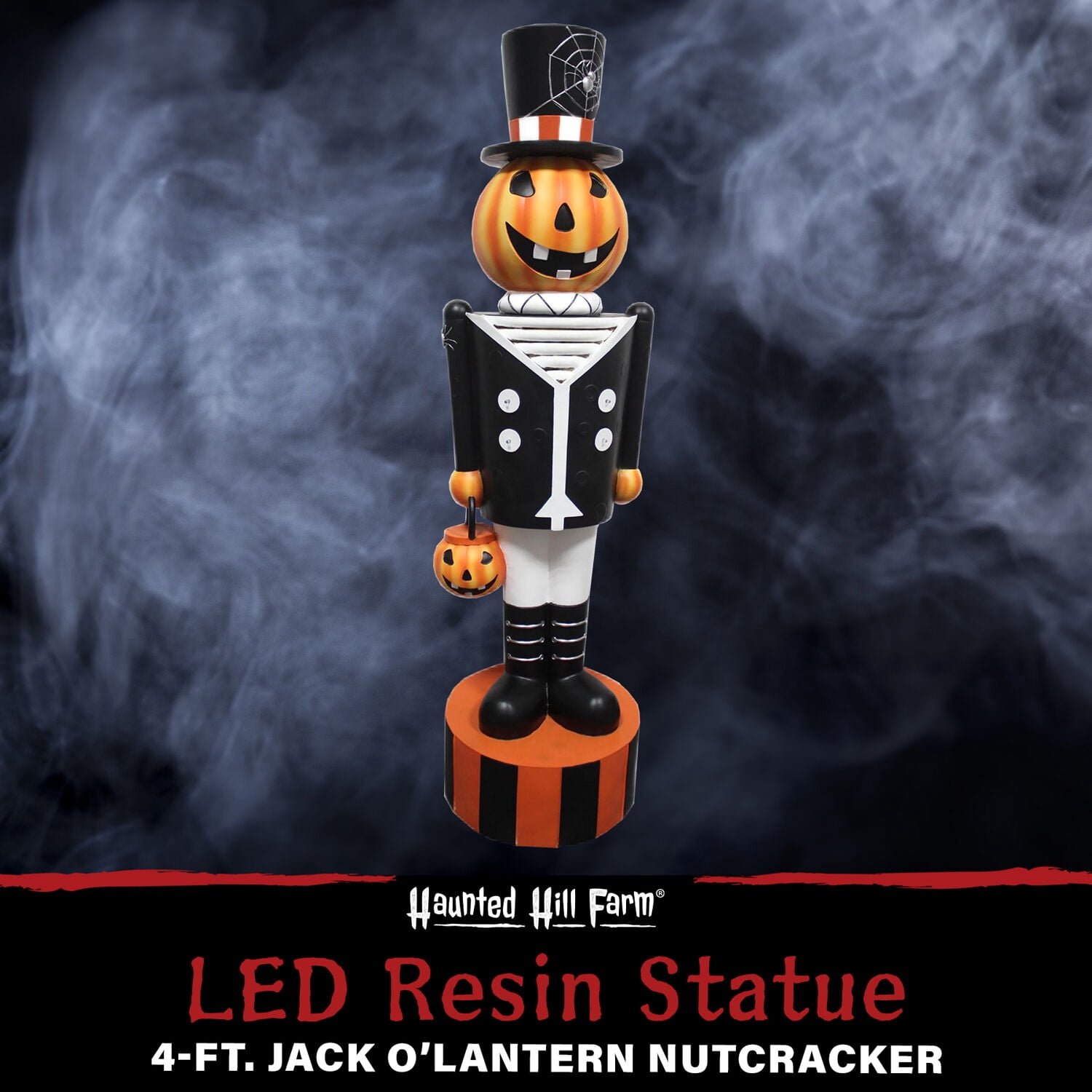 Haunted Hill Farm 4 ft Jack-O-Lantern Nutcracker Prelit LED Resin Figurine, Indoor or Covered Outdoor Halloween Decoration, Plug-In, HHRS048-1PMP-MLT