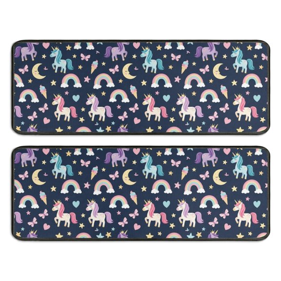 Unicorn and Moon Blue Pattern Anti Fatigue Kitchen Rugs Set Of 2, Non Slip Washable Decorative Floor Mats for Sink Laundry and Home Use, 17"x47"