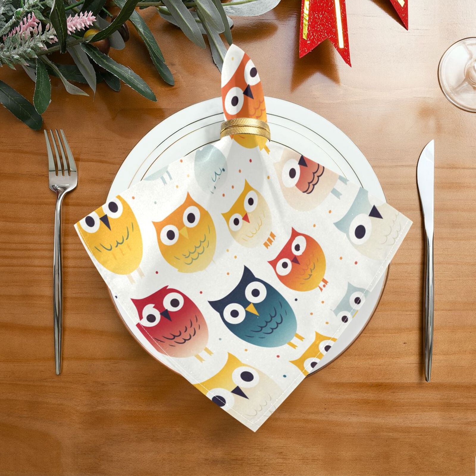 JSTEL Cute Rainbow Owl Cloth Napkins Set of 6, 20x20 Inch Washable and Reusable Napkin for Decoupage Dinner Party Everyday Use