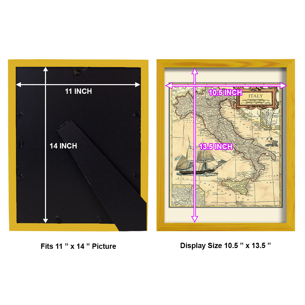 Italy Map -Framed Print w/glass-Sunflower Yellow