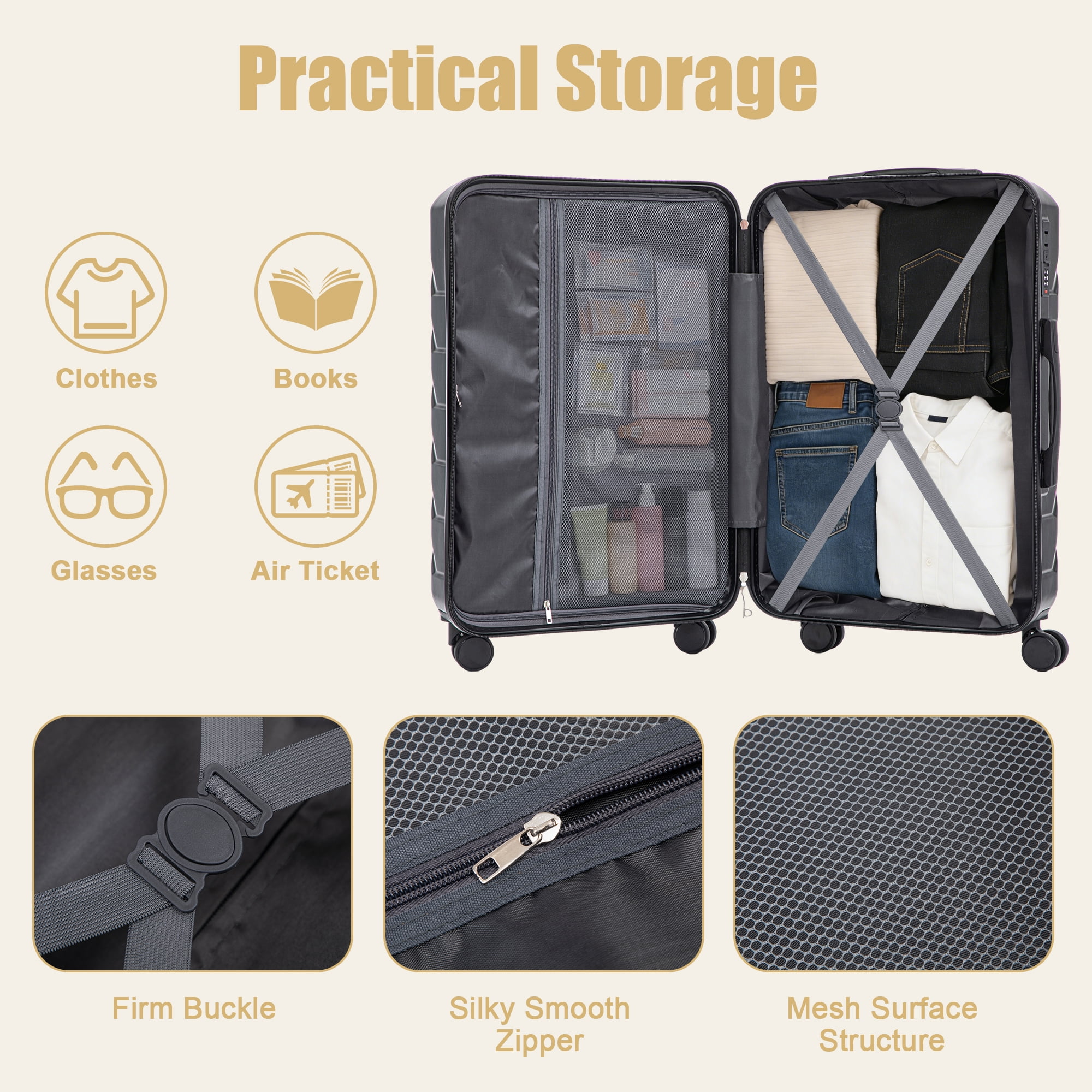 Alvantor 28inch Luggage, ABS Checked Suitcase with 4 Spinner Wheels and Side Hooks, Black