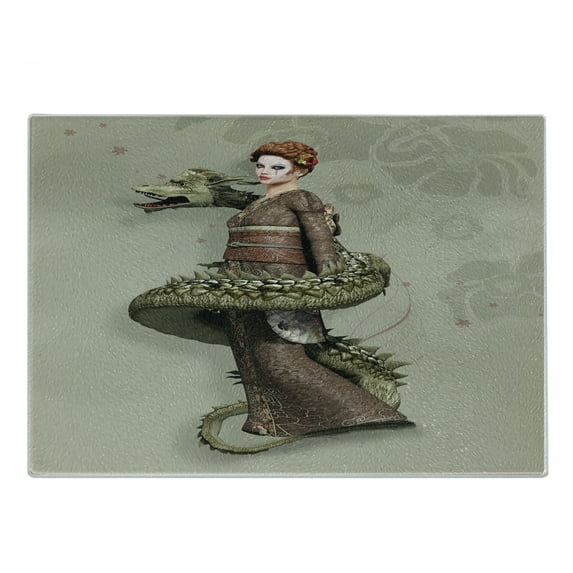 Fantasy Cutting Board, Westernly Geisha with Cry Make-Up Wrapped by Spiralling Dragon, Decorative Tempered Glass Cutting and Serving Board, Small Size, Olive Green Eggshell, by Ambesonne