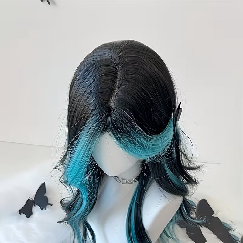 Black and blue highlighted middle-parted wavy long hair wig suitable for everyone, elegant party special