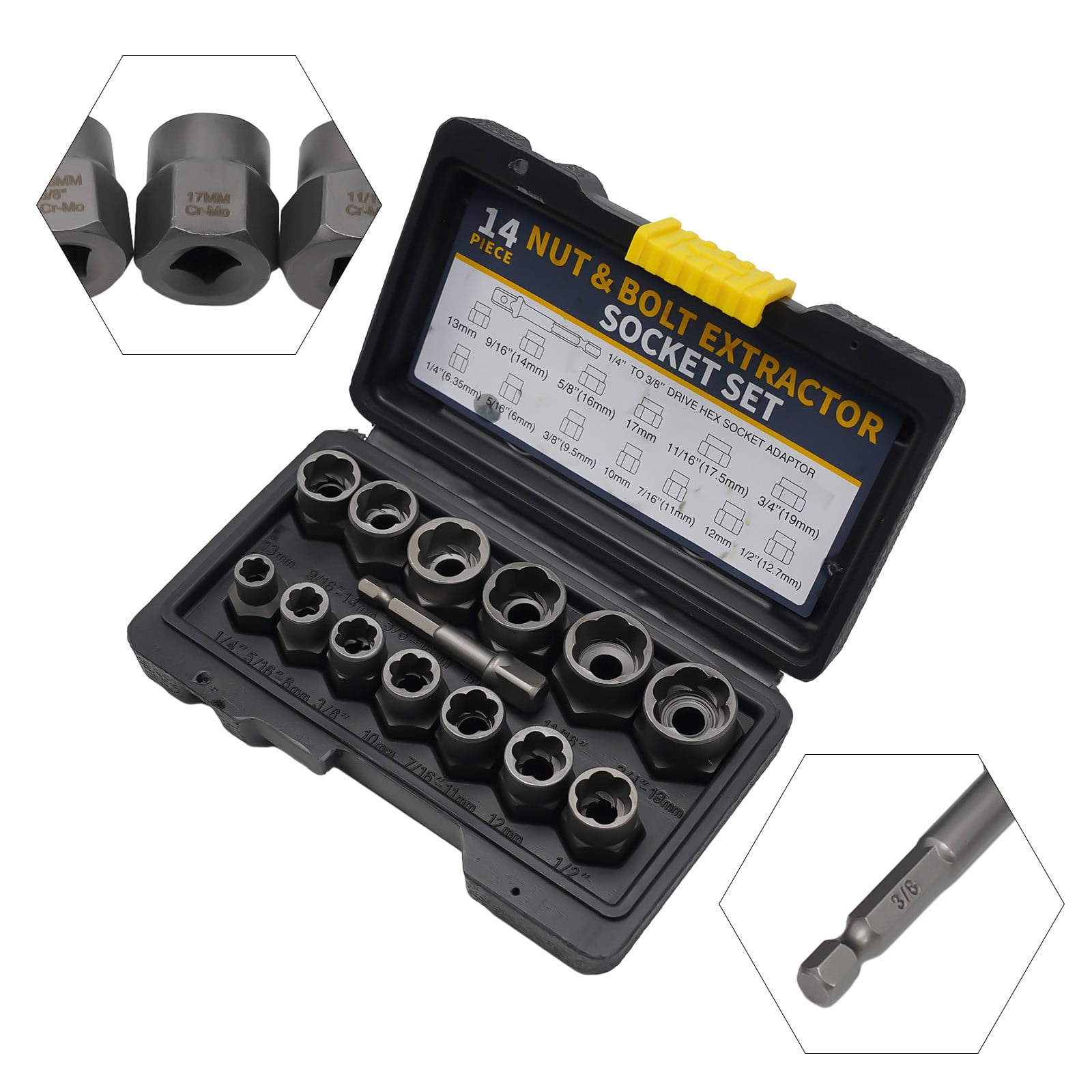 Impact Bolt & Nut Remover Set,13+1 Pieces Bolt Extractor Tool Set with Solid Storage Case,Extraction Socket Set for Removing Damaged,Frozen,Rusted,Rounded-Off Bolts,Nuts and Screws