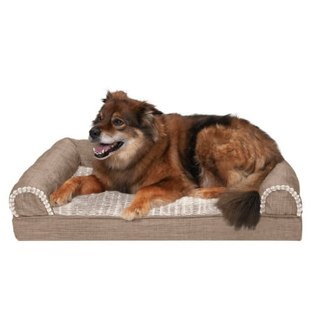 UPC: 0842229126471 | FurHaven Pet Products Luxe Fur & Performance Linen Cooling Gel Memory Foam Sofa-Style Pet Bed for Dogs & Cats – Woodsmoke Large