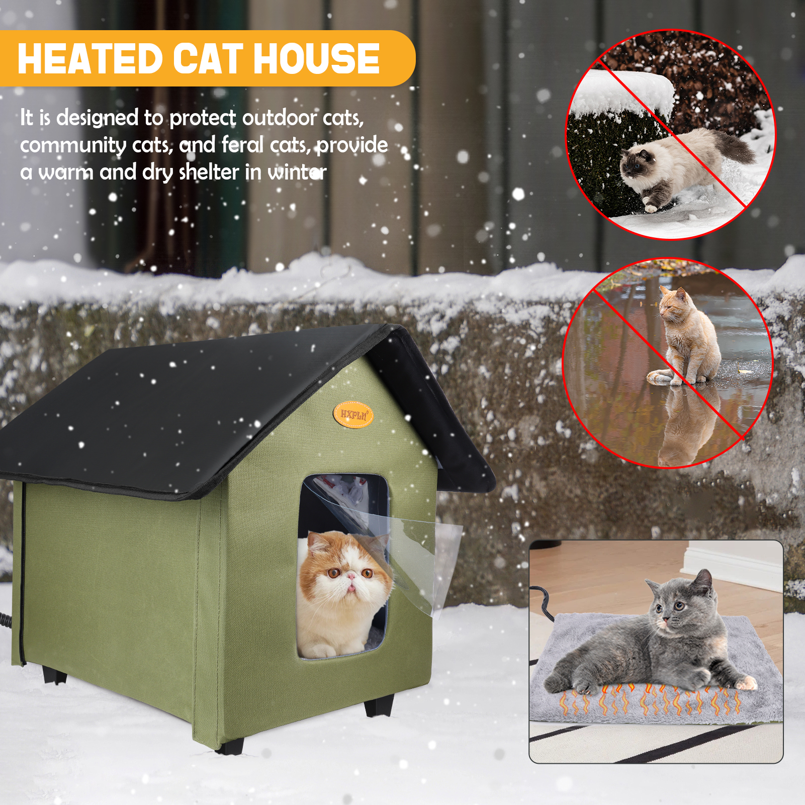Heated Cat Houses for Outdoor Cats - Elevated Weatherproof Insulated Heated Outdoor Cat House for Winter - Feral Cat Shelter for Outside Cats - Outdoor Heated Cat House (Green)