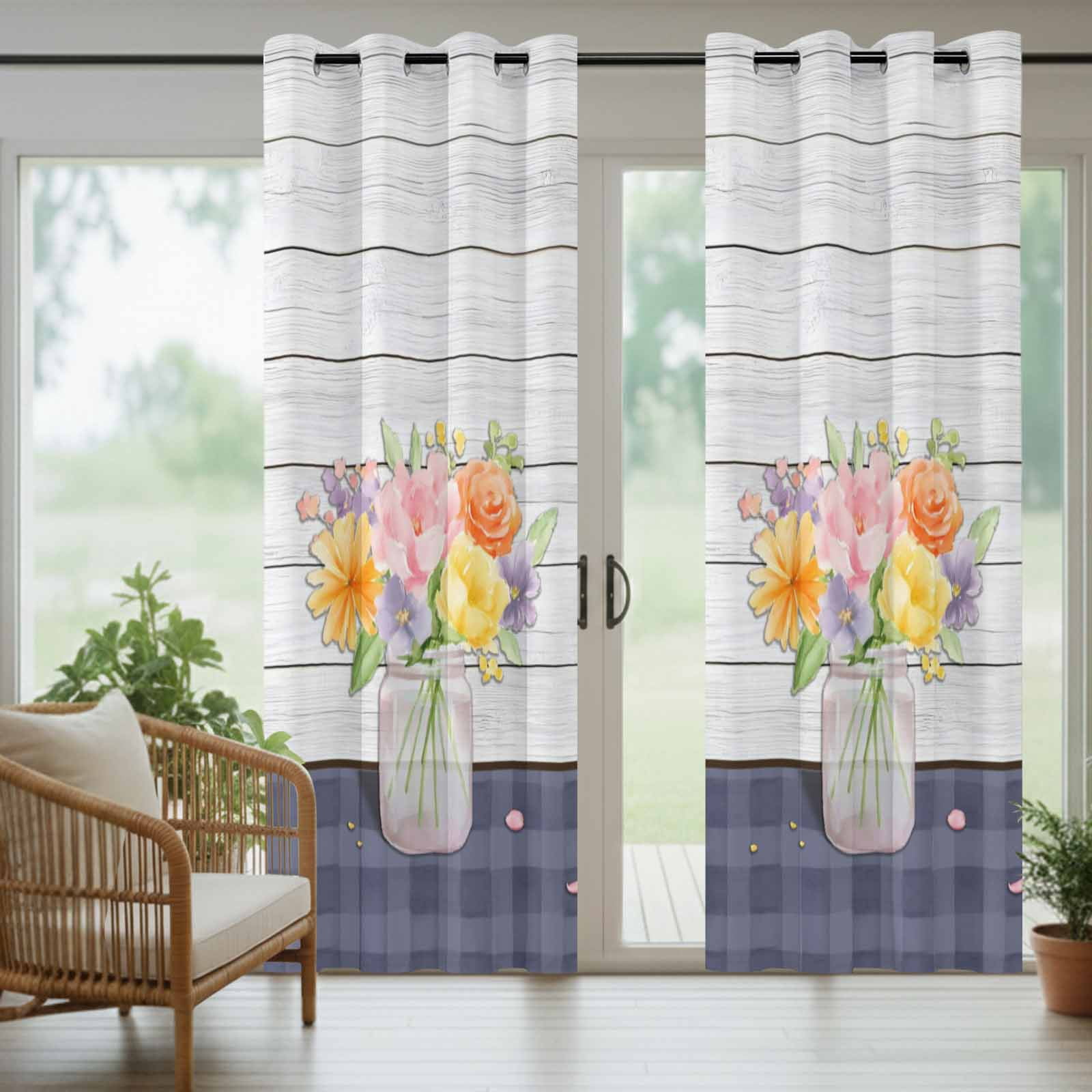 Spring Flower Outdoor Curtains for Patio, Country Farmhouse Floral Bouquet Wood Grain Blue Plaid Sunshade Privacy Drapes Grommet Waterproof Outside Curtains for Porch/Cabana/Balcony 54"x108", 1 Panel