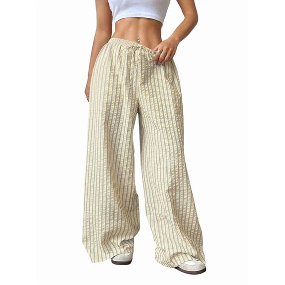 Women Drawstring Striped Pants Loose Wide Leg Trousers Casual Low Waist Pants Comfy Lounge Pants with Pockets Yellow S