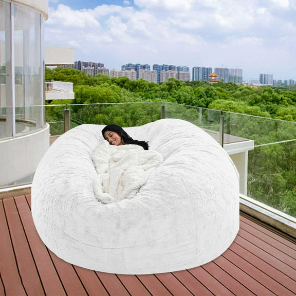 Bean Bag Cover (No Filler), Faux Fur Comfy Bean Bag Covers for Adults, Washable Beanbag Chair Cover, Fluffy Plush Giant Bean Bags Chairs Covers , Anti-Slip, 3*6FT, White