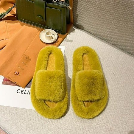 

PIKADINGNIS Winter House Fluffy Ladies Fur Slippers Open-Toe Solid Bedroom Flat Girls Warm Plush Shoes Indoor Women Fluffy Slides