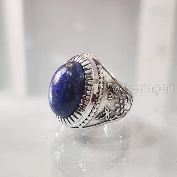 Lapis Lazuli Mans Ring, Natural Afghani Lapis Lazuli, Silver Jewelry, 925 Silver Ring, Birthday Gift, Heavy Mens Ring, Arabic Design, Ottoman Style Ring, Christmas, Turkey Mens Signet Ring