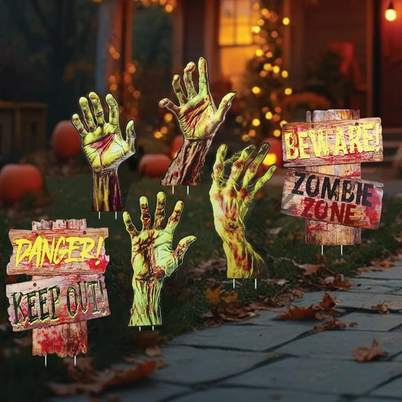 Halloween Zombie Yard Signs | 6 Pcs Pack (4 Zombie Hands, 2 Warning Signs) | 15” Inch Tall Full Color Spooky Yard Decorations | Outdoor Lawn Halloween Party Decor | Trick or Treat Props |