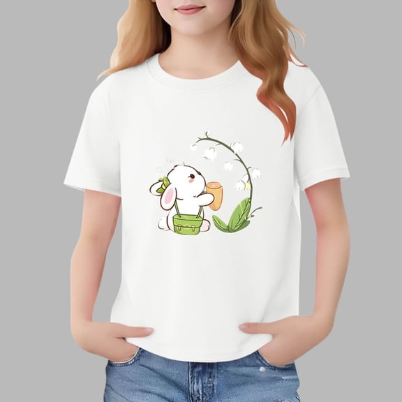 Spazoro Girls T-Shirts Tee, Cute Print 100%Cotton Crew Neck Short Sleeve Casual Tops for Kids White Size 1