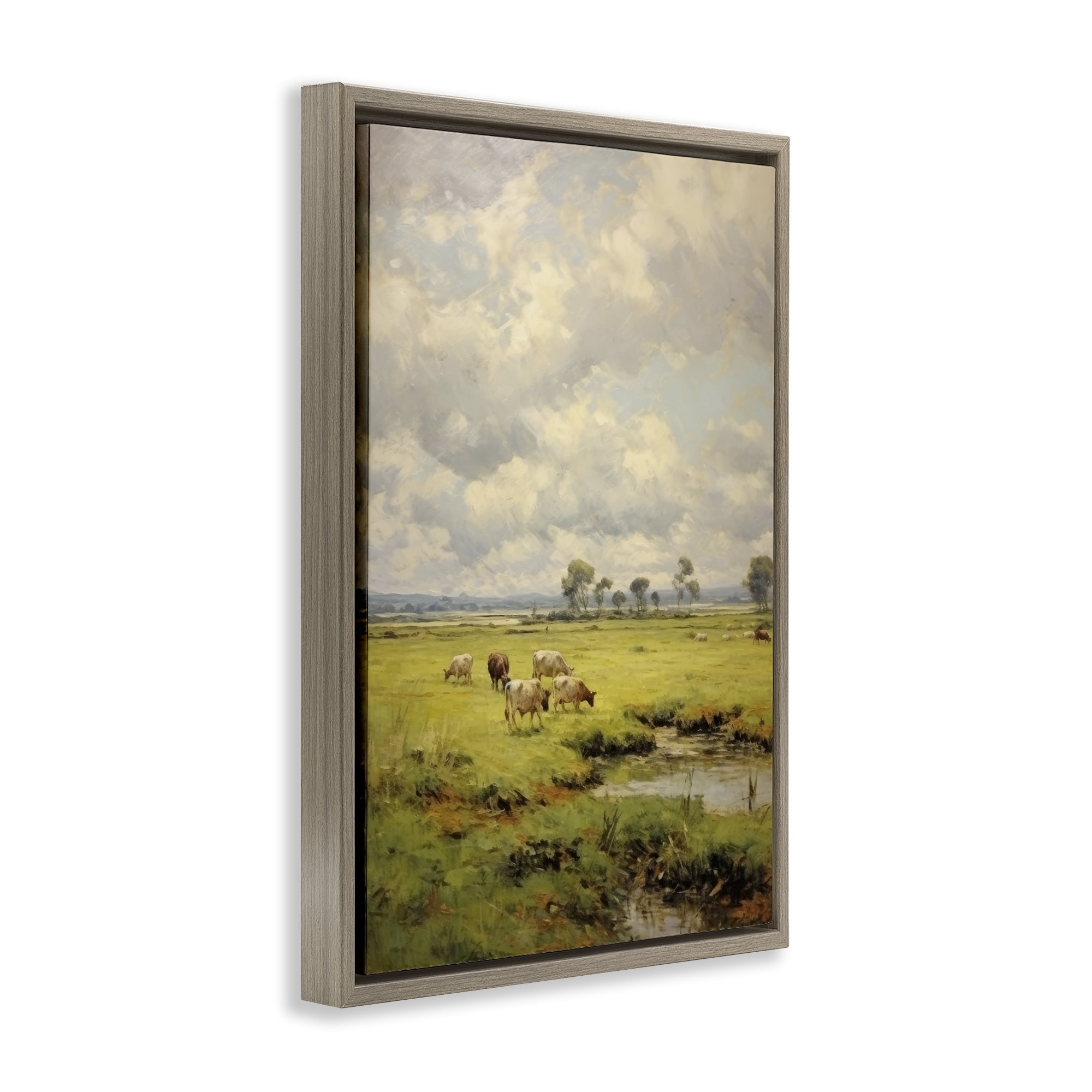 Stupell Industries Grazing Cows Countryside Landscape Painting Brown Floater Framed Canvas Art Print Wall Art, 17 x 25