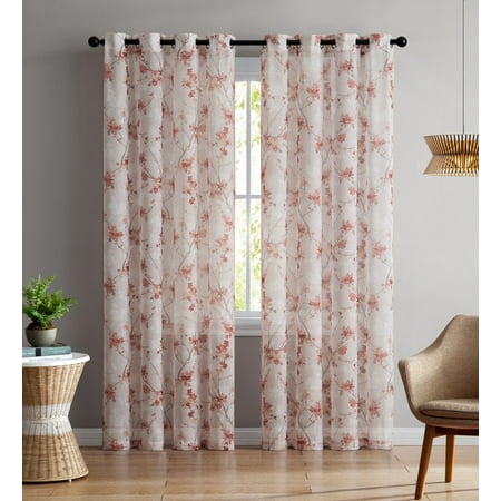 - Set of Two (2) Sheer Window Curtain Panels: Grommets, Coral and Light Mauve Floral Design 96