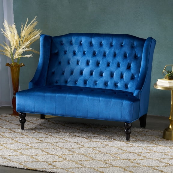 50" Navy Blue Velvet Loveseat Sofa, Modern Glam Wingback 2-Seater Couch with -Tufted Backrest, Plush Velvet Upholstery, Living Room or Bedroom Accent