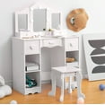 thumbnail image 1 of Kids Vanity Table Set with Light, Tri-Folding Mirror, 5 Drawers and Square Stool, Wood Makeup Desk Dressing Table with Open Storage Shelves and Detachable Top, 1 of 5